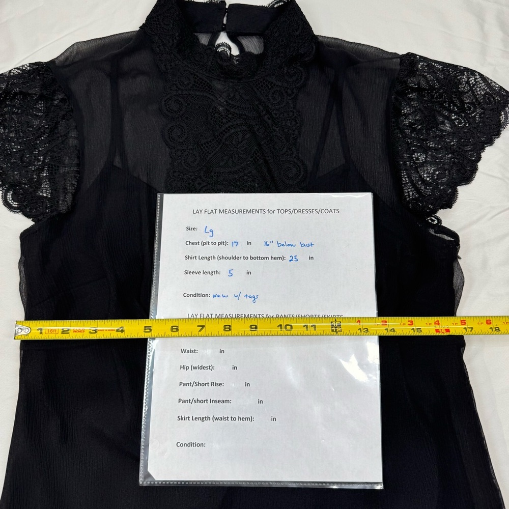 SOLD Black Sheer Silk Short Sleeve Blouse Lace Trim The Limited, Large, Camisole - Picture 9 of 16